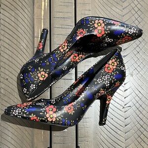 Black Floral Pointed-Toe High Heels with Multicolor Bloom Print
